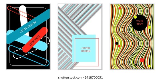 Geometric cover design, set of 3 covers. Abstract unusual background in Memphis style. Bright geometric shapes in random order