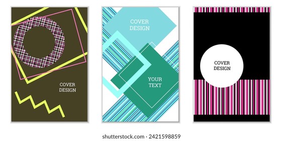Diseño de cubierta geométrica, conjunto de 3 cubiertas. Resumen de antecedentes inusuales al estilo Memphis. Formas geométricas luminosas en orden aleatorio