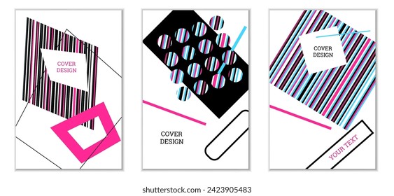 Geometric cover design, set of 3 covers. Abstract unusual background in Memphis style. Bright geometric shapes in random order