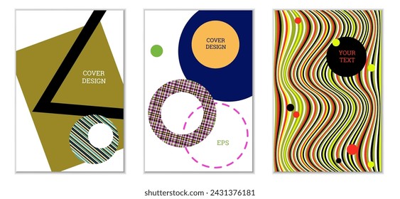 Geometric cover design, set of 3 covers. Abstract unusual background in Memphis style. Bright geometric shapes in random order
