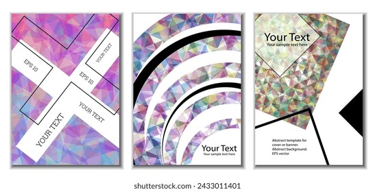 Geometric cover design, set of 3 covers. Abstract unusual background in Memphis style. Bright geometric shapes in random order