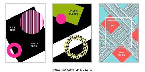 Geometric cover design, set of 3 covers. Abstract unusual background in Memphis style. Bright geometric shapes in random order