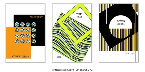 Geometric cover design, set of 3 covers. Abstract unusual background in Memphis style. Bright geometric shapes in random order