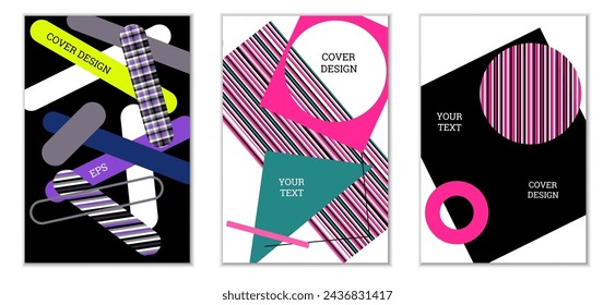 Geometric cover design, set of 3 covers. Abstract unusual background in Memphis style. Bright geometric shapes in random order