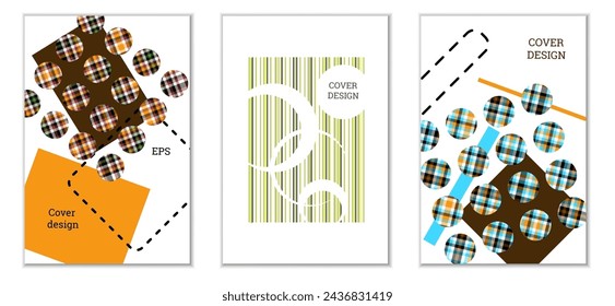 Geometric cover design, set of 3 covers. Abstract unusual background in Memphis style. Bright geometric shapes in random order