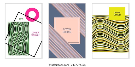 Geometric cover design, set of 3 covers. Abstract unusual background in Memphis style. Bright geometric shapes in random order