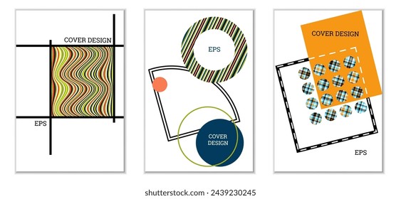 Geometrisches Abdeckungsdesign, Satz von 3 Abdeckungen. Abstrakter ungewöhnlicher Hintergrund im Memphis-Stil. Helle geometrische Formen in zufälliger Reihenfolge
