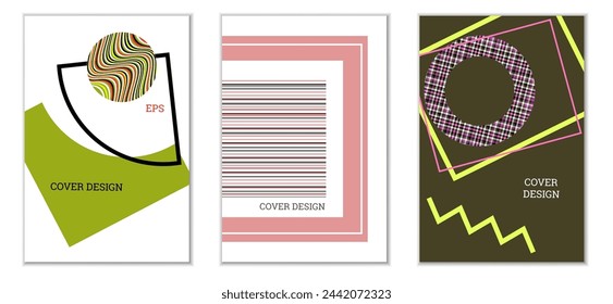 Geometric cover design, set of 3 covers. Abstract unusual background in Memphis style. Bright geometric shapes in random order