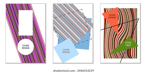 Geometric cover design, set of 3 covers. Abstract unusual background in Memphis style. Bright geometric shapes in random order