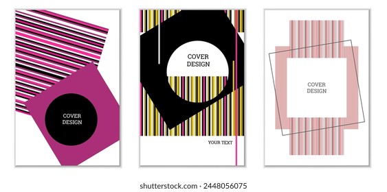 Geometric cover design, set of 3 covers. Abstract unusual background in Memphis style. Bright geometric shapes in random order