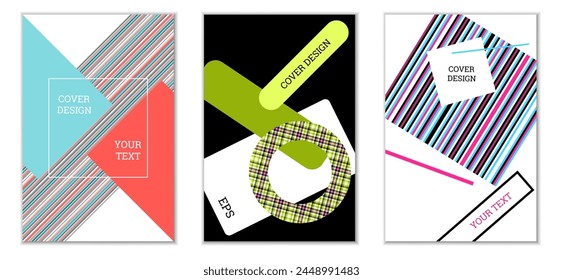 Geometric cover design, set of 3 covers. Abstract unusual background in Memphis style. Bright geometric shapes in random order