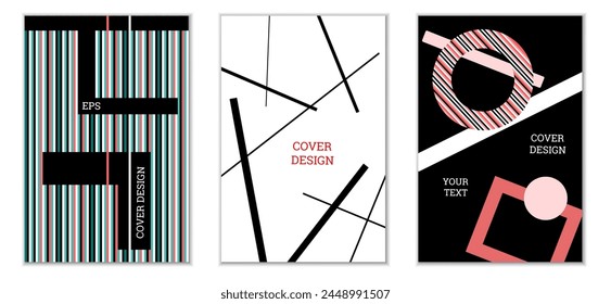 Geometric cover design, set of 3 covers. Abstract unusual background in Memphis style. Bright geometric shapes in random order