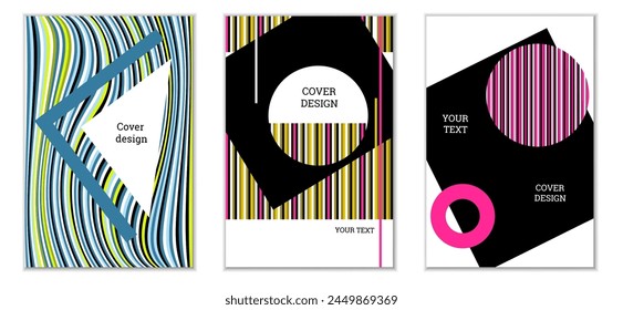 Geometric cover design, set of 3 covers. Abstract unusual background in Memphis style. Bright geometric shapes in random order
