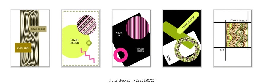 Geometric cover design, set of 5 covers. Abstract unusual background in Memphis style. Bright geometric shapes in random order