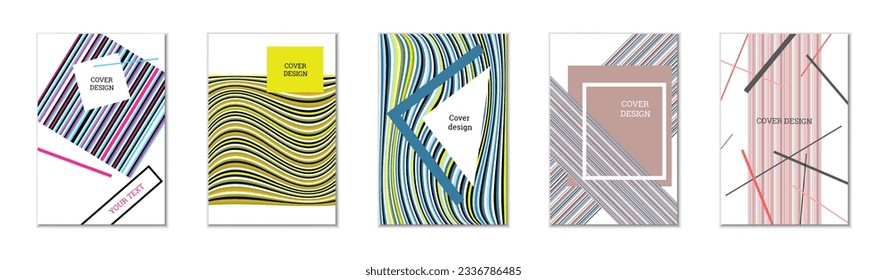 Geometric cover design, set of 5 covers. Abstract unusual background in Memphis style. Bright geometric shapes in random order