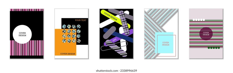 Geometric cover design, set of 5 covers. Abstract unusual background in Memphis style. Bright geometric shapes in random order
