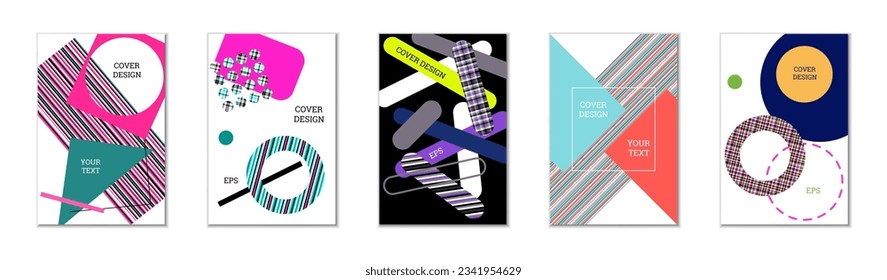 Geometric cover design, set of 5 covers. Abstract unusual background in Memphis style. Bright geometric shapes in random order