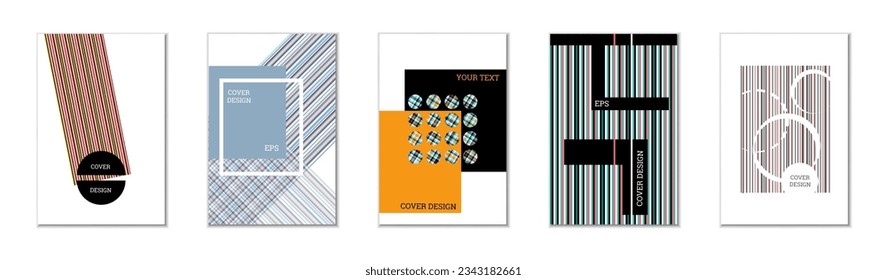Geometrisches Cover-Design, Satz von 5 Covers. Abstrakter ungewöhnlicher Hintergrund im Memphis-Stil. Helle geometrische Formen in zufälliger Reihenfolge