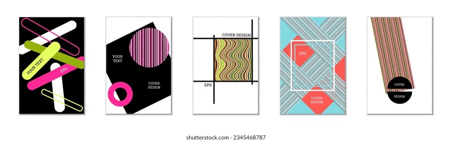Geometric cover design, set of 5 covers. Abstract unusual background in Memphis style. Bright geometric shapes in random order