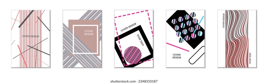 Geometric cover design, set of 5 covers. Abstract unusual background in Memphis style. Bright geometric shapes in random order
