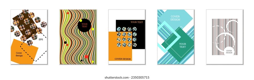 Geometric cover design, set of 5 covers. Abstract unusual background in Memphis style. Bright geometric shapes in random order