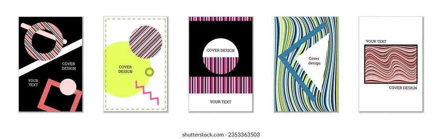 Geometric cover design, set of 5 covers. Abstract unusual background in Memphis style. Bright geometric shapes in random order