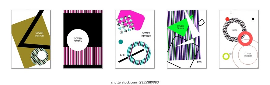 Geometrisches Cover-Design, Satz von 5 Covers. Abstrakter ungewöhnlicher Hintergrund im Memphis-Stil. Helle geometrische Formen in zufälliger Reihenfolge