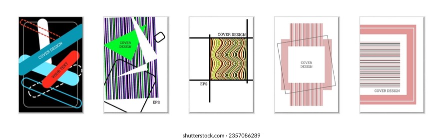 Diseño de cubierta geométrica, conjunto de 5 cubiertas. Resumen de antecedentes inusuales al estilo Memphis. Formas geométricas luminosas en orden aleatorio