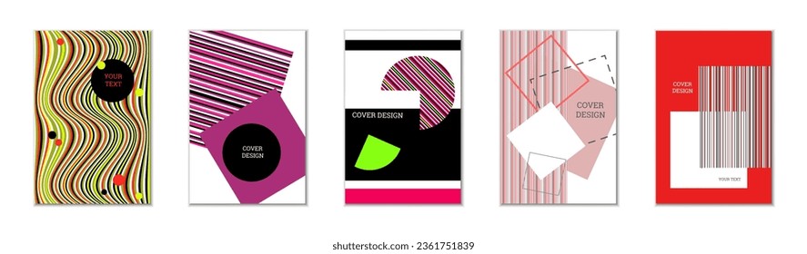 Geometric cover design, set of 5 covers. Abstract unusual background in Memphis style. Bright geometric shapes in random order