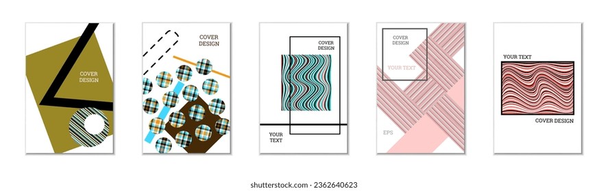 Geometric cover design, set of 5 covers. Abstract unusual background in Memphis style. Bright geometric shapes in random order