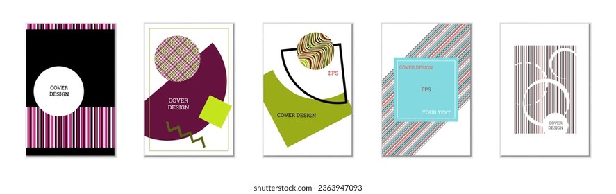 Geometric cover design, set of 5 covers. Abstract unusual background in Memphis style. Bright geometric shapes in random order