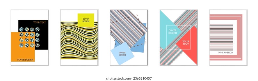 Geometric cover design, set of 5 covers. Abstract unusual background in Memphis style. Bright geometric shapes in random order