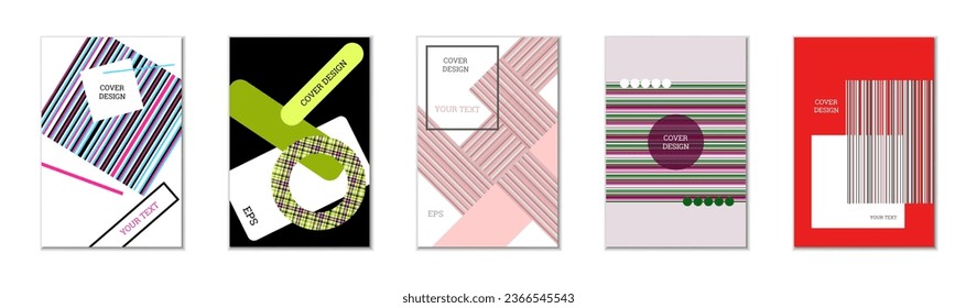 Geometric cover design, set of 5 covers. Abstract unusual background in Memphis style. Bright geometric shapes in random order