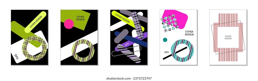 Geometric cover design, set of 5 covers. Abstract unusual background in Memphis style. Bright geometric shapes in random order