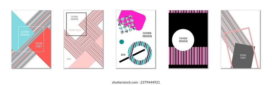 Geometrisches Cover-Design, Satz von 5 Covers. Abstrakter ungewöhnlicher Hintergrund im Memphis-Stil. Helle geometrische Formen in zufälliger Reihenfolge