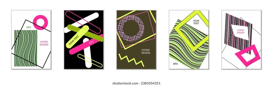 Geometric cover design, set of 5 covers. Abstract unusual background in Memphis style. Bright geometric shapes in random order