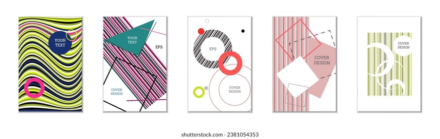 Geometric cover design, set of 5 covers. Abstract unusual background in Memphis style. Bright geometric shapes in random order