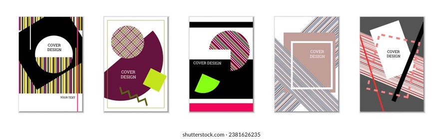 Geometric cover design, set of 5 covers. Abstract unusual background in Memphis style. Bright geometric shapes in random order