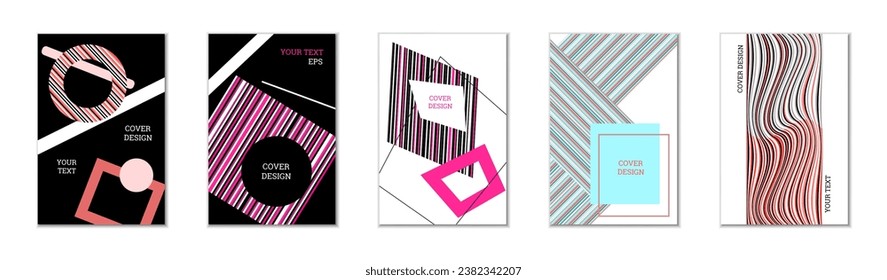 Geometric cover design, set of 5 covers. Abstract unusual background in Memphis style. Bright geometric shapes in random order
