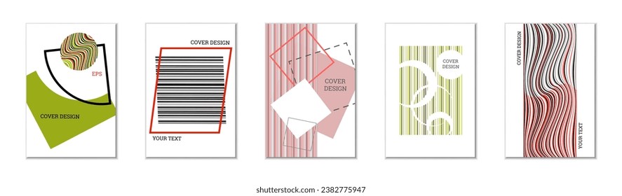Diseño de cubierta geométrica, conjunto de 5 cubiertas. Resumen de antecedentes inusuales al estilo Memphis. Formas geométricas luminosas en orden aleatorio