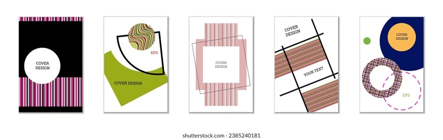 Geometric cover design, set of 5 covers. Abstract unusual background in Memphis style. Bright geometric shapes in random order