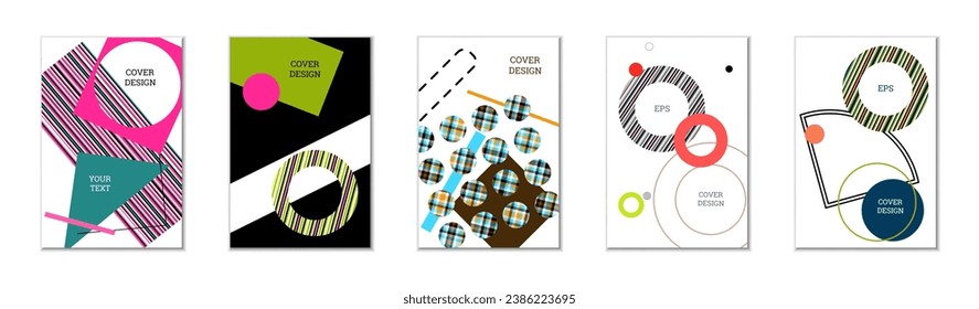 Geometric cover design, set of 5 covers. Abstract unusual background in Memphis style. Bright geometric shapes in random order