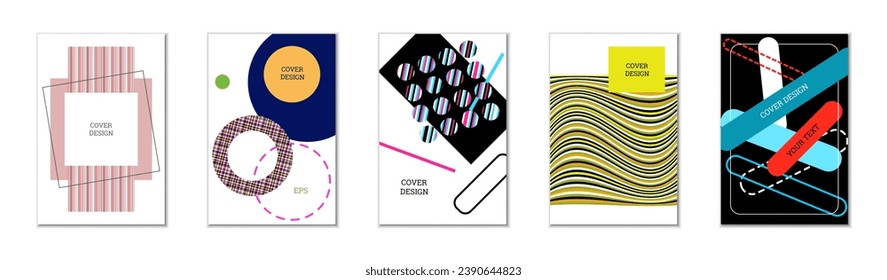 Geometric cover design, set of 5 covers. Abstract unusual background in Memphis style. Bright geometric shapes in random order