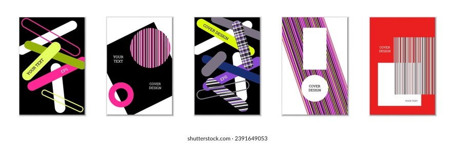 Geometric cover design, set of 5 covers. Abstract unusual background in Memphis style. Bright geometric shapes in random order