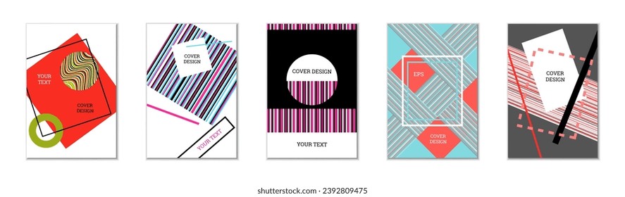Geometric cover design, set of 5 covers. Abstract unusual background in Memphis style. Bright geometric shapes in random order