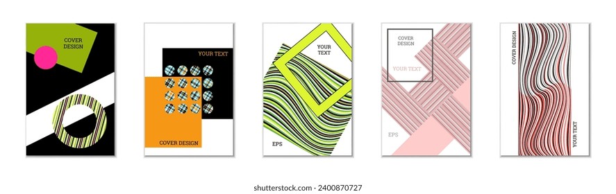 Geometric cover design, set of 5 covers. Abstract unusual background in Memphis style. Bright geometric shapes in random order