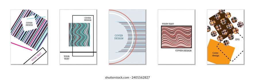 Geometric cover design, set of 5 covers. Abstract unusual background in Memphis style. Bright geometric shapes in random order
