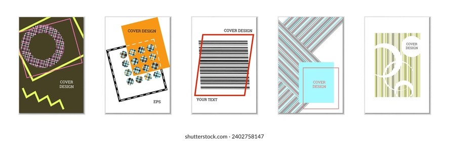 Geometric cover design, set of 5 covers. Abstract unusual background in Memphis style. Bright geometric shapes in random order