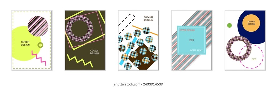 Geometric cover design, set of 5 covers. Abstract unusual background in Memphis style. Bright geometric shapes in random order
