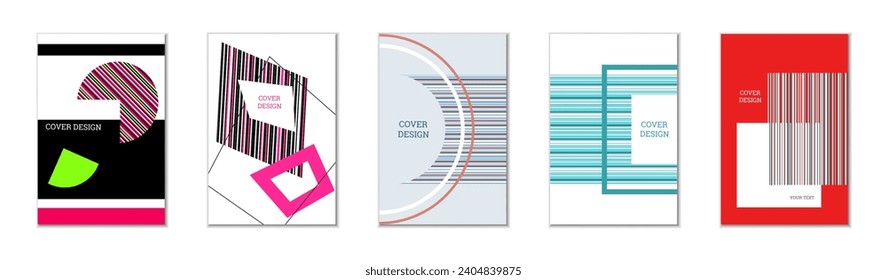 Diseño de cubierta geométrica, conjunto de 5 cubiertas. Resumen de antecedentes inusuales al estilo Memphis. Formas geométricas luminosas en orden aleatorio